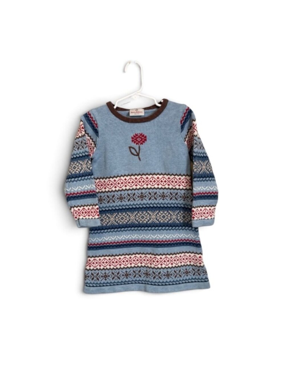 Hanna Andersson Sweater Dress Long Sleeve Blue White Flower Cotton Sz 4T 100
